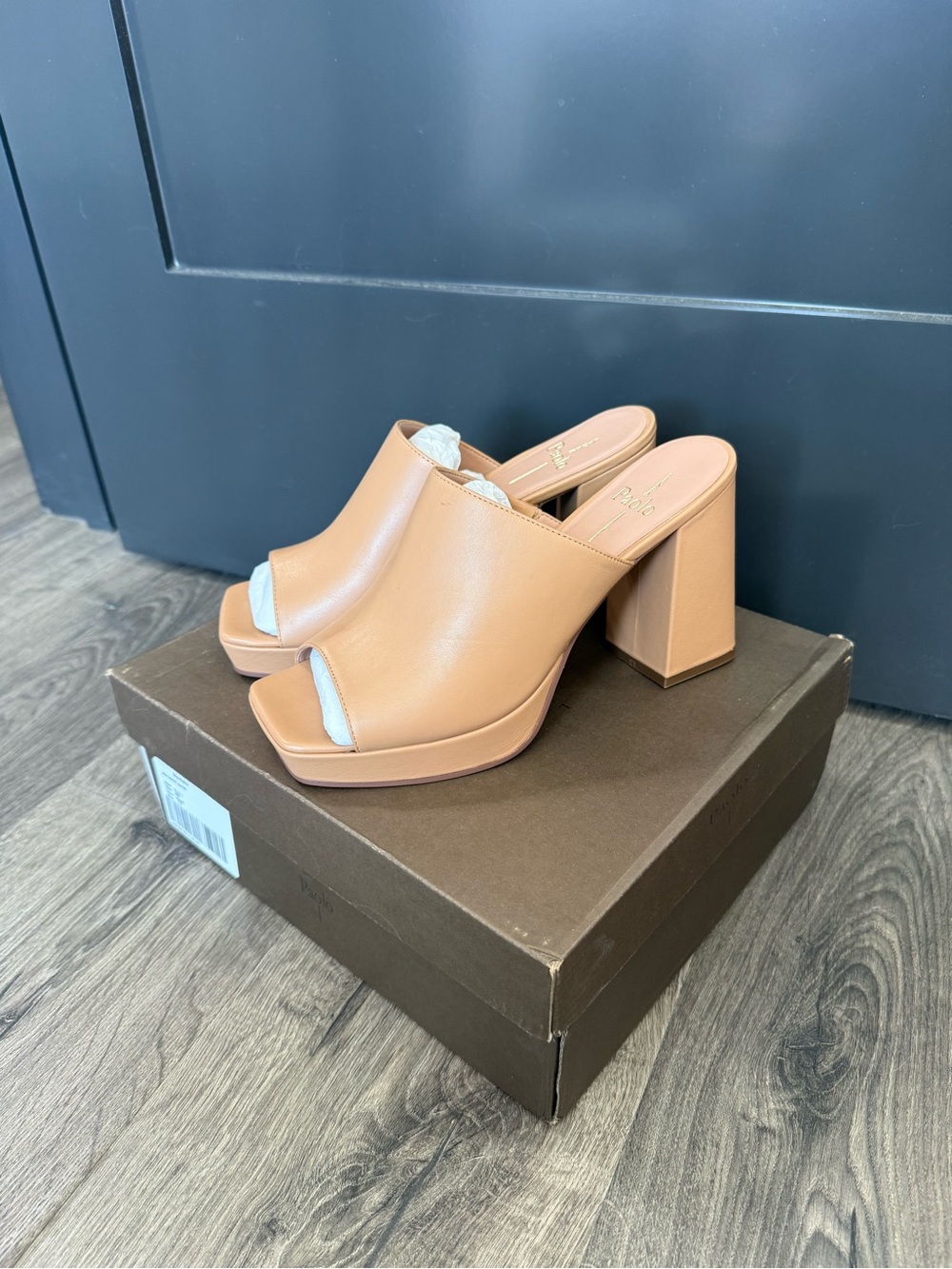 Chunky Tan Open-Toe Mule Heels